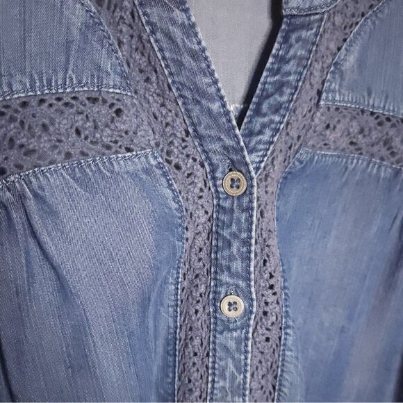 Maurices Womens Blue Lyocel Blend Lace Detail Button Down Large - Picture 3 of 6
